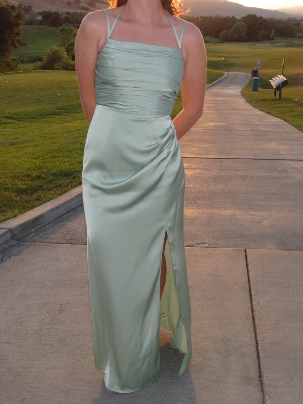 Azazie Sage Green Satin Spaghetti-Strap Evening Gown